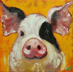 a painting of a pig's face on an orange background