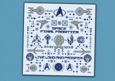 a cross stitch pattern with the words space final frontier in blue and white on it