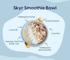 a bowl filled with cereal and nuts on top of a blue background, labeled skyr smoothie bowl