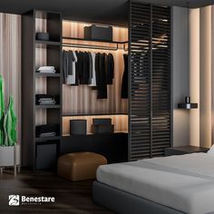 a bedroom with a bed, closet and clothes hanging on the wall next to it