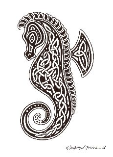 a black and white drawing of a seahorse with intricate designs on it's tail