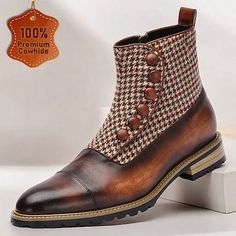 Category:Boots; Upper Materials:Cowhide; Lining Materials:Leather; Season:Fall,Winter; Gender:Men's; Toe Shape:Round Toe; Outsole Materials:Rubber; Occasion:Daily,Home; Closure Type:Magic Tape; Function:Comfortable,Slip Resistant; Listing Date:09/19/2024; 2024 Trends:Plaid Brown Cap Toe Winter Boots, Winter Business Cap Toe Boots, Business Cap Toe Boots For Winter, Cap Toe Business Boots For Winter, Wool Ankle Boots For Fall, Fitted Wool Boots For Fall, Cap Toe Boots For Winter Workwear, Fall Boots With Button Closure And Round Toe, Retro Brown Winter Boots