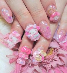 My Melody Nails, Hello Kitty Nail Art, Kitty Nail Art, Makeup Kawaii, Hello Kitty Nail, Kitty Nail, Kitty Nails, Basic Nails