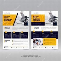 two sided business flyer template with yellow and black accents on the front, side and back