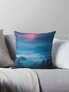 Transform your bedroom with a throw pillow featuring stunning mountain views and a serene mountain aesthetic. Inspired by mountain photography and mountain art, it showcases an illustration of mountains under a blue sky. Perfect for mountain hiking enthusiasts and those who love night sky art with night sky stars and watercolor vibes. This piece adds beautiful mountain scenery to your space. Forest Trees