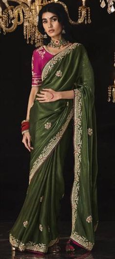 Green color Saree in Silk fabric with Embroidered, Sequence, Thread, Zari work Traditional Marriage Wear With Intricate Embroidery, Traditional Drape Sets With Resham Embroidery For Marriage, Embroidered Sets With Traditional Drape For Marriage, Embroidered Marriage Sets With Traditional Drape, Embroidered Sets For Marriage With Traditional Drape, Embroidered Wedding Sets With Traditional Drape, Art Silk Embroidered Fabric For Reception, Embroidered Traditional Drape For Marriage, Embroidered Art Silk Fabric For Reception