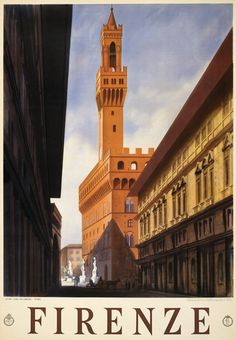 there is a sign that says firenze in front of a tall building with a clock tower