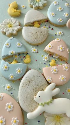 decorated cookies and pastries are arranged on a blue surface with white daisies, yellow and pink ones