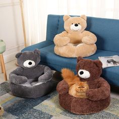 three teddy bears sitting on bean bags in front of a blue couch with two other stuffed animals