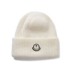 Showcase your love for two iconic labels with this beanie from the Moncler Genius x Palm Angels collaboration, denoted with a co-branded appliqué. It's knitted from soft white wool in a classic ribbed stitch. Classic White Winter Beanie, Classic White Beanie For Winter, Classic Beanie With Embroidered Logo, Designer Beanie For Winter, Classic White Hat With Logo Patch, White Winter Hat With Embroidered Logo, Beanie For Men, Moncler Genius, Angels Logo