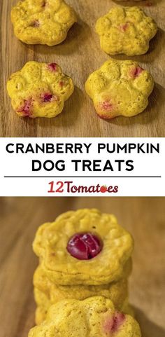 cranberry pumpkin dog treats are stacked on top of each other with the words cranberry pumpkin dog treats below