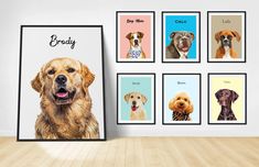 a group of dogs with their names hanging on a wall in front of some pictures