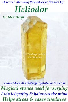 a yellow crystal with words describing the benefits of it and how to use it in your home