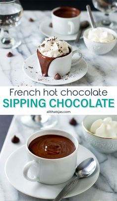 french hot chocolate with whipped cream in a mug