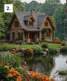 the house is surrounded by beautiful flowers and greenery, along with a small pond