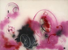 an abstract painting with pink and black colors