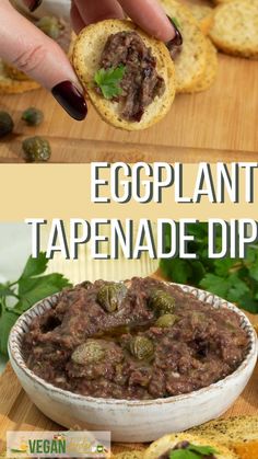 an eggplant tapenade dip in a bowl with bread on the side