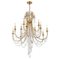 a gold chandelier with crystal drops hanging from it's center and four arms