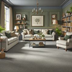 a living room filled with furniture and bookshelves