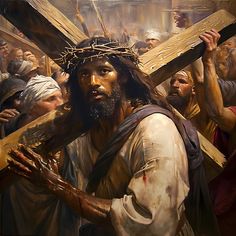 jesus carrying the cross with many people around him