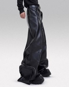 Wide leg leather cargo pants ’Kawashi’ - TECHWEAR STORM™ Leather Baggy Pants, Cyberpunk Pants, Leather Cargo Pants, Avant Garde Aesthetic, Cyberpunk Clothing, Hakama Pants, Dramatic Silhouette, Techwear Outfits, Cyberpunk Clothes