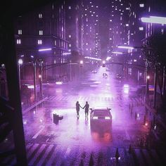 two people holding hands in the middle of a city street at night with purple lights