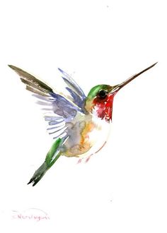 a watercolor painting of a hummingbird flying with its wings spread out and it's head turned to the side