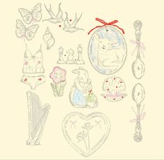 a drawing of various items in the shape of a heart and other things around it