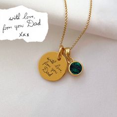 Combining our Engraved Jewellery & our Birthstone Charm to make a perfectly personalised necklace you'll love! This beautiful yellow gold disc necklace can be completely customised to you or your loved one - it's pure magic! Combining our handwriting charms with our sparkling Swarovski birthstone charm to make a beautiful dedication to a loved one - all it takes is a photo of their handwriting for our engraving team to work from! Our yellow gold vermeil disc charm measures 12mm across the front Gold Birthstone Necklace With Name On Round Pendant, Personalized Yellow Gold Birthstone Necklace For Gift, Personalized Round Gold Birthstone Necklace, Customizable Gold Birthstone Necklace Gift For Mom, Customizable Yellow Gold Round Pendant Necklace, Gold Charm Necklaces For May Birthstone Personalized Gift, Customized Gold Birthstone Necklace Gift, Gold Round Birthstone Necklace For Personalized Gift, Gold Birthstone Necklace For Personalized Gift