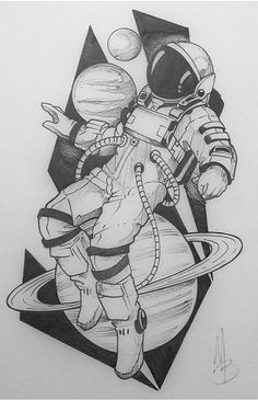 a pencil drawing of an astronaut floating in space with saturn and the sun behind him