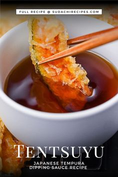 A piece of kabocha tempura held with light wooden chopsticks dipped in a white bowl of homemade tempura dipping sauce Japanese Dipping Sauce, Sudachi Recipes, Tempura Dipping Sauce, Rice On The Stove, Dashi Broth, Wonton Recipes, Festive Recipes, Japanese Street Food, Dipping Sauces Recipes