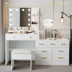 a white vanity with lights on it next to a mirror and stool in a room