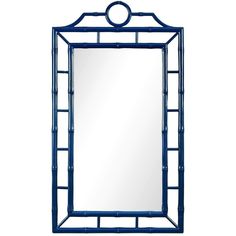 a blue bamboo frame mirror on a white background with the reflection of it's own image