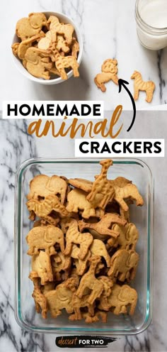 homemade animal crackers in a glass dish on a marble counter top with text overlay reading homemade animal crackers