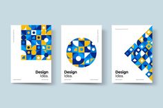 three brochures with blue and yellow geometric shapes