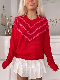 Deck the Poms Sweater | Sassy Shortcake Boutique | sassyshortcake.com Red Holiday Party Sweater, Casual Red Sweater For Party, Green Christmas Outfit, Red Christmas Outfit, Sassy Shortcake, Pom Pom Sweater, Pink Pom Pom, Red Green Christmas, Preppy Sweater