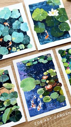 four cards with water lilies and koi fish in them on a wooden table