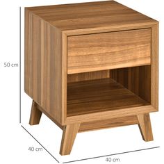 the side table is made from wood and has an open drawer on one side, with two