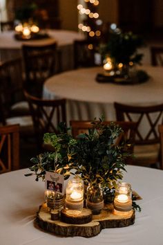 some candles are sitting on top of a wooden slice with greenery in them and lit up