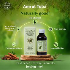 Amrit Tulsi Yukt Cough Syrup is made with 100% pure ingredients and authentic processes, keeping you safe from harmful and undesirable side effects. 
Switch to the most natural way of treating all types of cough and cold.
#Aarogyam #AmrutTulsi #CoughSyrup #cough&cold #cough #cold #Tulsi 
#Ayurveda #herbalremedies #health #wellness #immunity Herbal Product Design, Ayurvedic Products Creative Ads, Product Ingredients Design, Bio Pool, Health Products Design, Herbal Therapy, Cold Cough