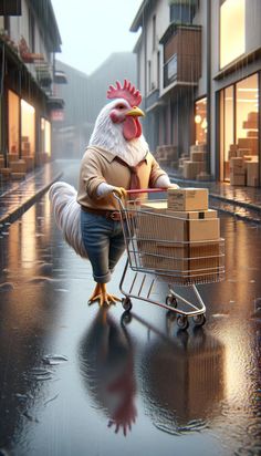 a chicken is pushing a shopping cart with boxes in it's mouth on a rainy day