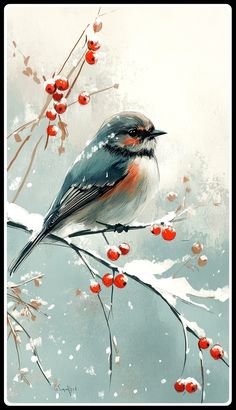 a painting of a bird sitting on a branch with berries