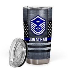 a stainless steel tumbler with an american flag and the words, jonathan on it