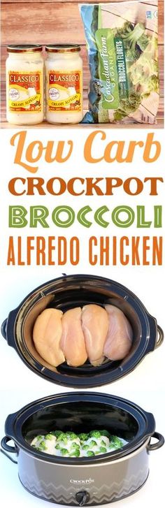 this is an image of slow carb crockpot broccoli alfredo chicken