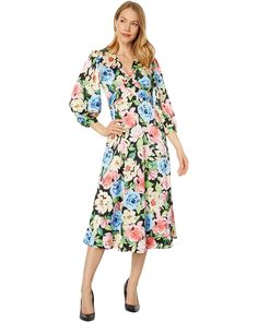 Maggy London Floral Print Tie Back A-Line Dress | Zappos.com Multicolor Surplice Neckline Midi Dress For Spring, Spring Multicolor Midi Dress With Surplice Neckline, Multicolor Floral Print Dress With 3/4 Sleeves, Spring Midi Dress With Surplice Neckline In Rayon, Spring Midi Dress With 3/4 Sleeves And Print, Floral Print Rayon Dress With Surplice Neckline, Fitted Floral Print Dresses With 3/4 Sleeves, Rayon Dresses With 3/4 Sleeves For Spring, Garden Party Floral Dress With 3/4 Sleeves