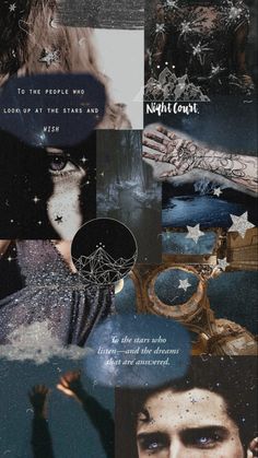 a collage of photos with the words night court written on them and stars in the sky