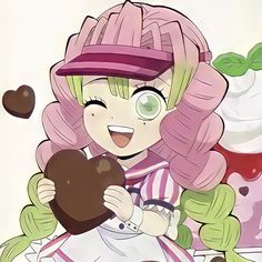 a girl with pink hair holding an ice cream cone and chocolate heart in her hands