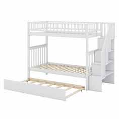 a white bunk bed with stairs next to it and a drawer under the bed for storage