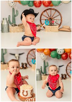 In this lively cake smash session, a little cowboy celebrates his first rodeo surrounded by charming Western-themed props. The scene features cactus decorations, hay stacks, and vibrant balloon garlands in green, brown, and white. A playful cow pattern, vintage wagon wheel, and cowboy hats add rustic charm. The atmosphere brims with joy and country flair, capturing the excitement of this special milestone. Rodeo Cake Smash Photo, My First Rodeo Birthday Boy Smash Cake, Western Cake Smash, Cowboy Smash Cake Boys, Cowboy First Birthday Cake, Rodeo Cake Smash, My First Rodeo Smash Cake Session, First Rodeo Photoshoot