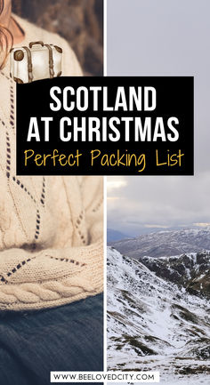 a woman sitting on top of a snow covered mountain next to the words scotland at christmas perfect packing list